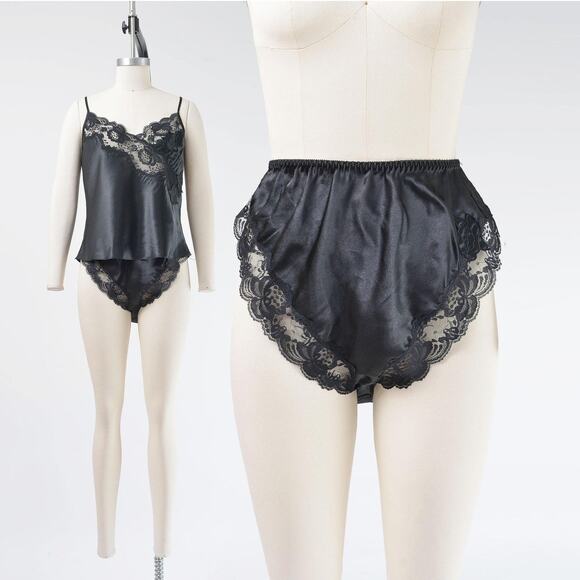 Vintage Victoria's Secret Lingerie Set Black Satin Floral Lace Camisole Panty M